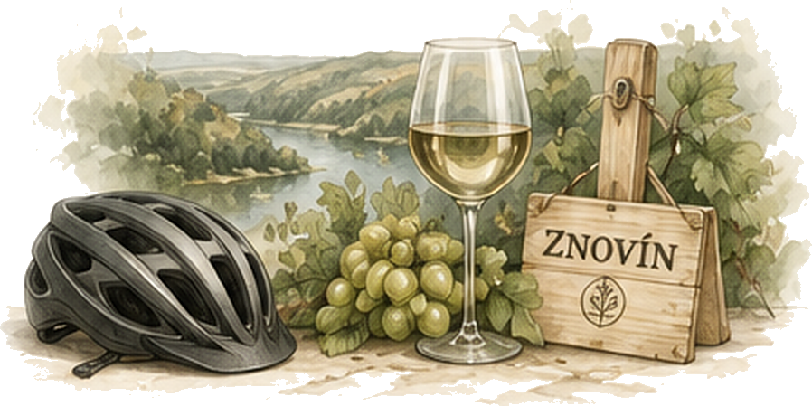 Cycling helmet, wine, grapes and the wine countryside of South Moravia