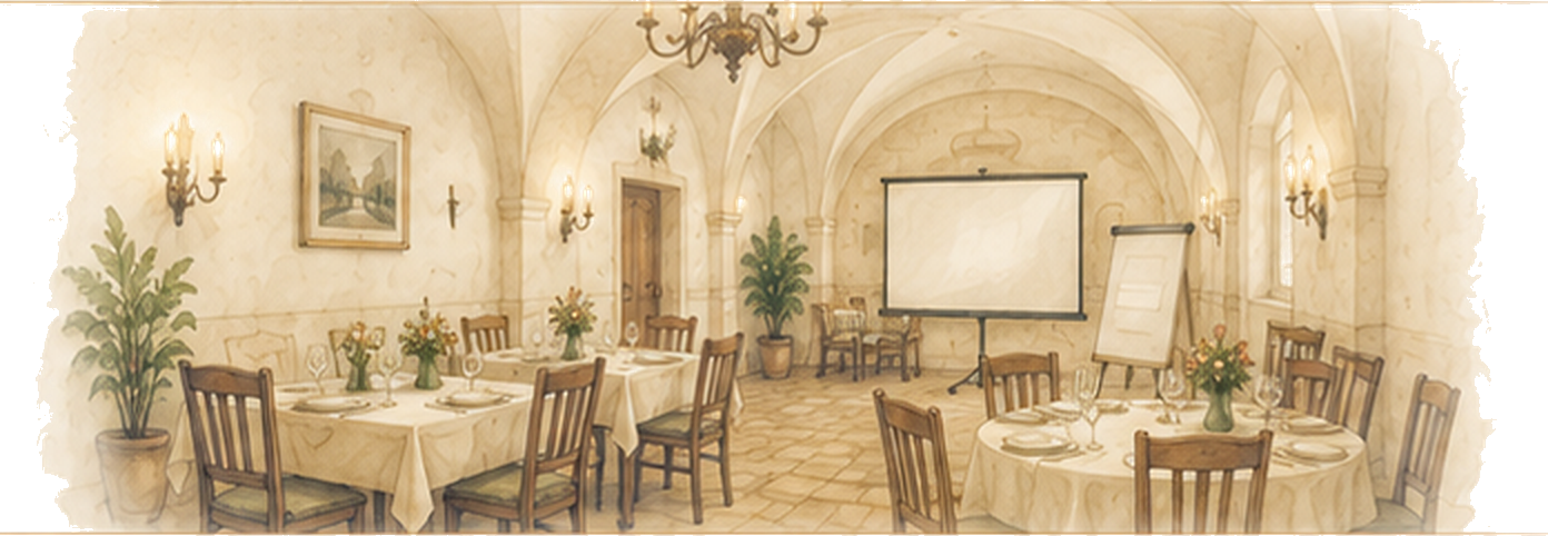 Historic space prepared for a corporate meeting, presentation or private celebration