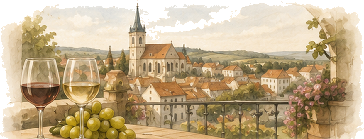 Glasses of Moravian wine and grapes overlooking the historic centre of Znojmo