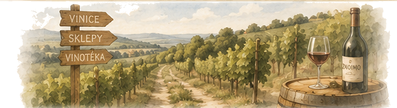 Vineyards near Znojmo, a bottle of wine, a wine glass and signs pointing to wine destinations