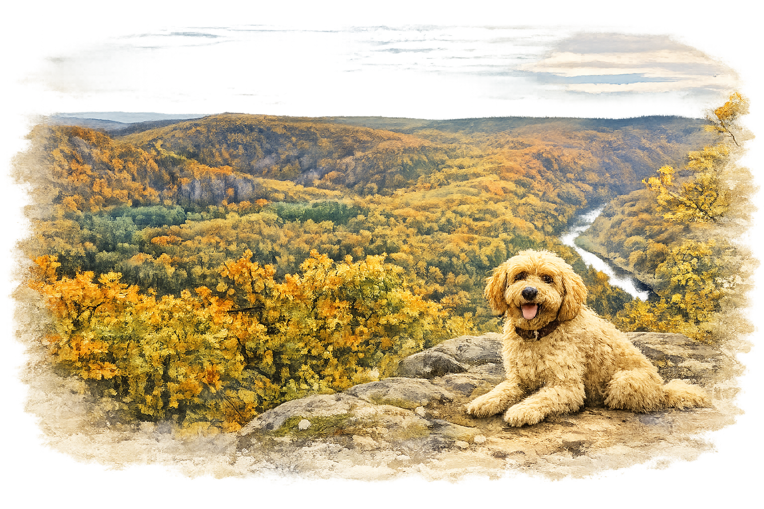 A dog at a viewpoint overlooking Znojmo and the Dyje River valley
