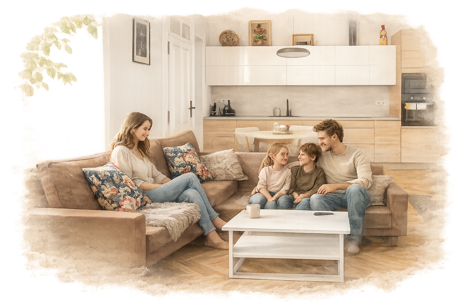 A family relaxing in a spacious Marienhof apartment