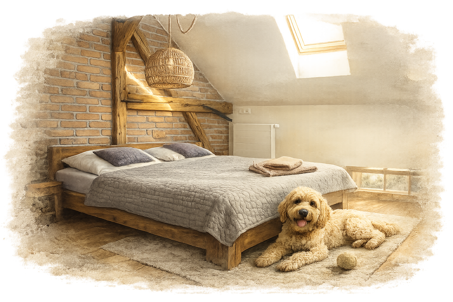 A dog relaxing in a comfortable Marienhof apartment