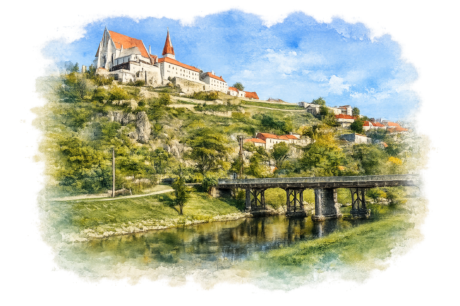 Wine countryside near Znojmo with signs pointing towards Znojmo, Podyjí, vineyards and the Dyje River