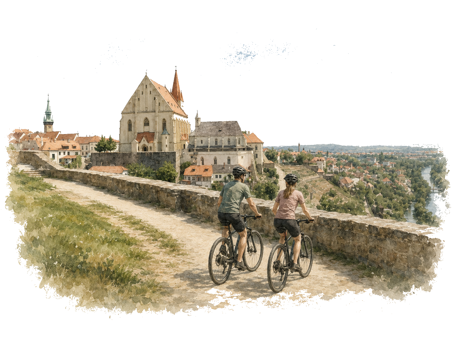 Cyclists riding through the countryside with a view of Znojmo and the Dyje River valley