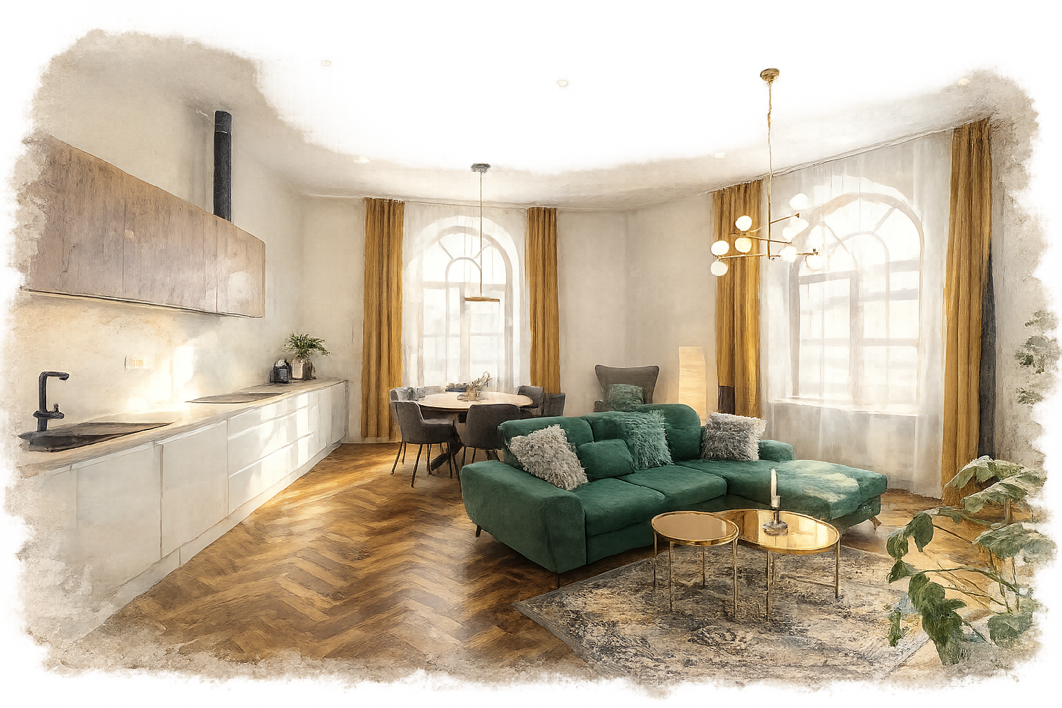 A family apartment with a kitchen, dining table and cot