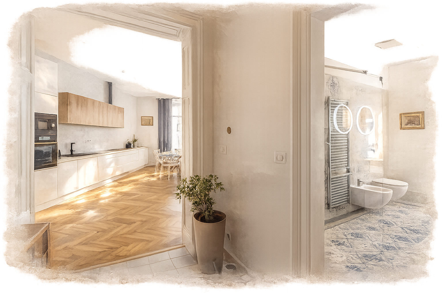 A spacious family apartment with a large bed and cot
