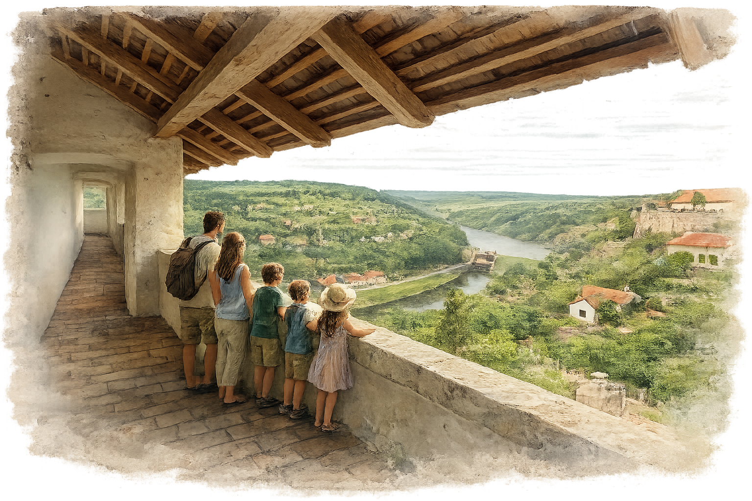 A family at a viewpoint overlooking the historic centre of Znojmo and the Dyje River valley